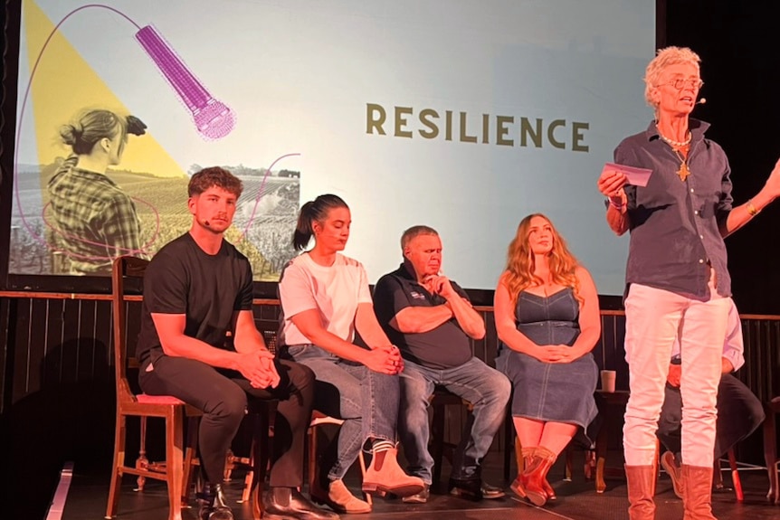 Rachel Ward speaks from a stage