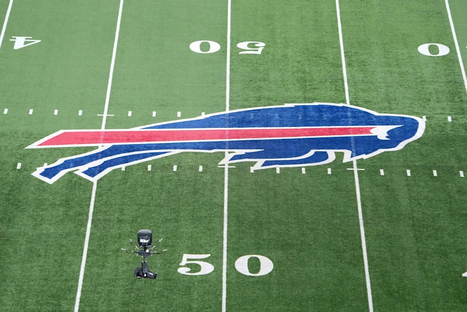 Jan 15, 2024; Orchard Park, New York, USA; The Buffalo Bills logo at midfield at a 2024 AFC wild card game at Highmark Stadium. Mandatory Credit: Kirby Lee-USA TODAY Sports
