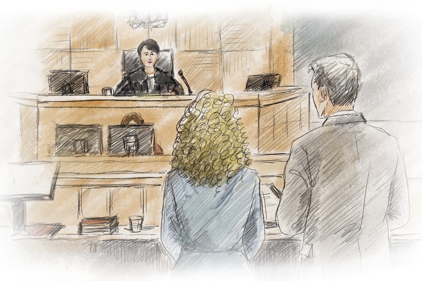 court sketch of a magistrate looking down from the bench at a lawyer and a woman