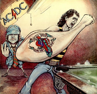 Album cover featuring drawings of two band members at a pool table, focusing on a forearm tattoo of the album title