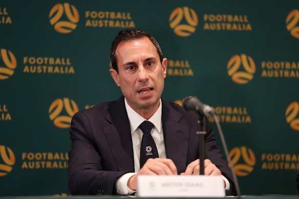 Football Australia chairman Anter Isaac addresses Thursday’s AGM.