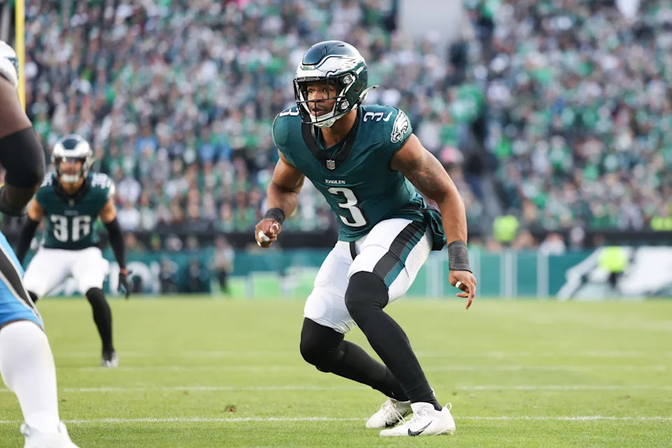Dec 8, 2024; Philadelphia, Pennsylvania, USA; Philadelphia Eagles linebacker Nolan Smith Jr. (3) in action against the Carolina Panthers at Lincoln Financial Field. Mandatory Credit: Bill Streicher-Imagn Images
