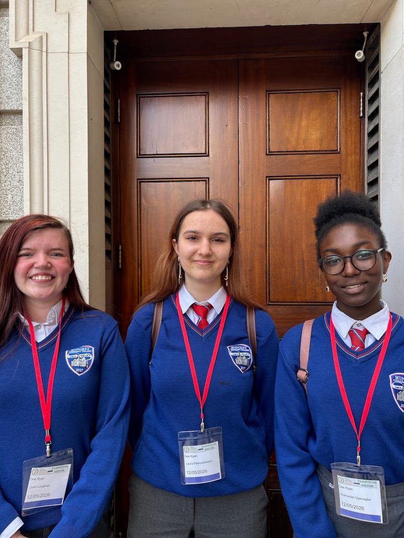 Transition-year students at Mungret Community College in Limerick: Juno Loughran (16), Laura Pietruszkiewicz (16) and Dolmarian Ugwuagbo (15) visited Leinster House on Tuesday.
