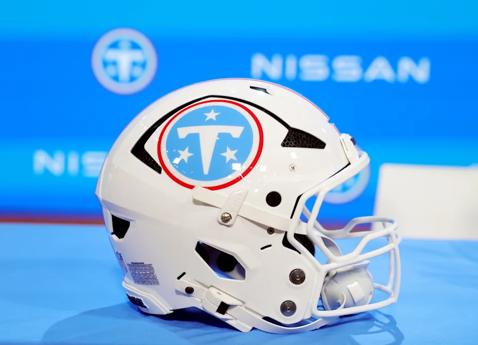 Photo of the new Titans helmets set up during a pre NFL draft press conference held at the Titans practice facility Thursday, April 16, 2026.