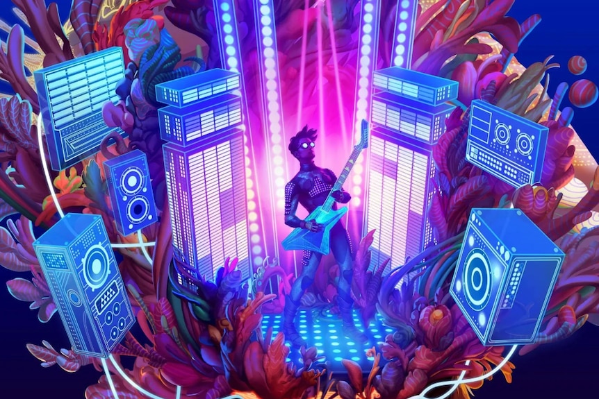 A cartoon of a male with a guitar surrounded by neon speakers and lights.