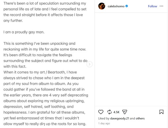 A screenshot of the Instagram post in which Caleb Shomo came out as a gay man.