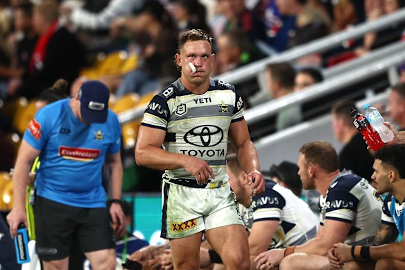 Cowboy Reuben Cotter was not happy after being sin-binned in their clash with the Roosters at Suncorp Stadium. 