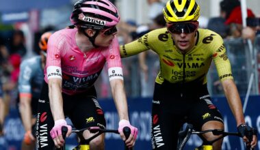 Team Visma Lease a Bike Danish rider Jonas Vingegaard and teammate Italian rider Davide Piganzoli cross the finish line of the 18th stage of the Giro d'Italia 2026 - Tour of Italy cycling race between Fai della Paganella and Pieve di Soligo, Italy, on May 28, 2026. (Photo by Luca Bettini / AFP)