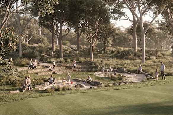 An artist’s impression of the park that will swallow up part of the course. It includes areas for public recreation and a nature playground. 