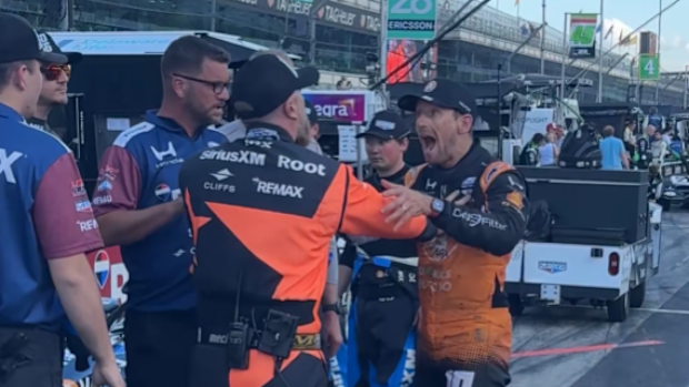 Romain Grosjean confronts Marcus Armstrong.