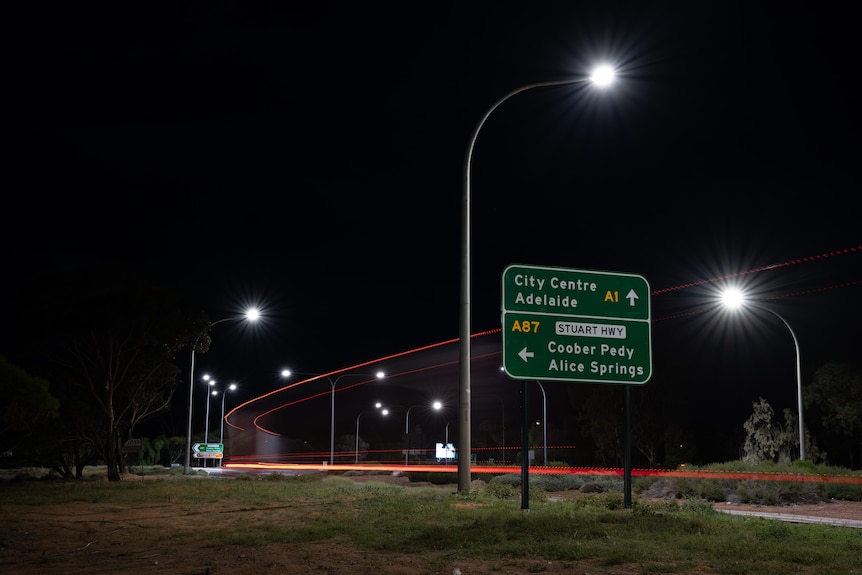 A view of a green road sign in the vicinity of Port Augusta in SA.