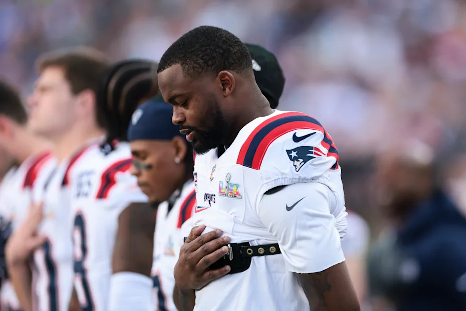 SANTA CLARA, CALIFORNIA - FEBRUARY 08: Kayshon Boutte #9 of the New England Patriots prepares during the National Anthem prior to Super Bowl LX gainst the Seattle Seahawks at Levi's Stadium on February 08, 2026 in Santa Clara, California. (Photo by Kathryn Riley/Getty Images)