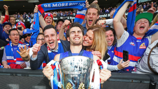 Bulldogs premiership captain Easton Wood celebrating the 2016 premiership.