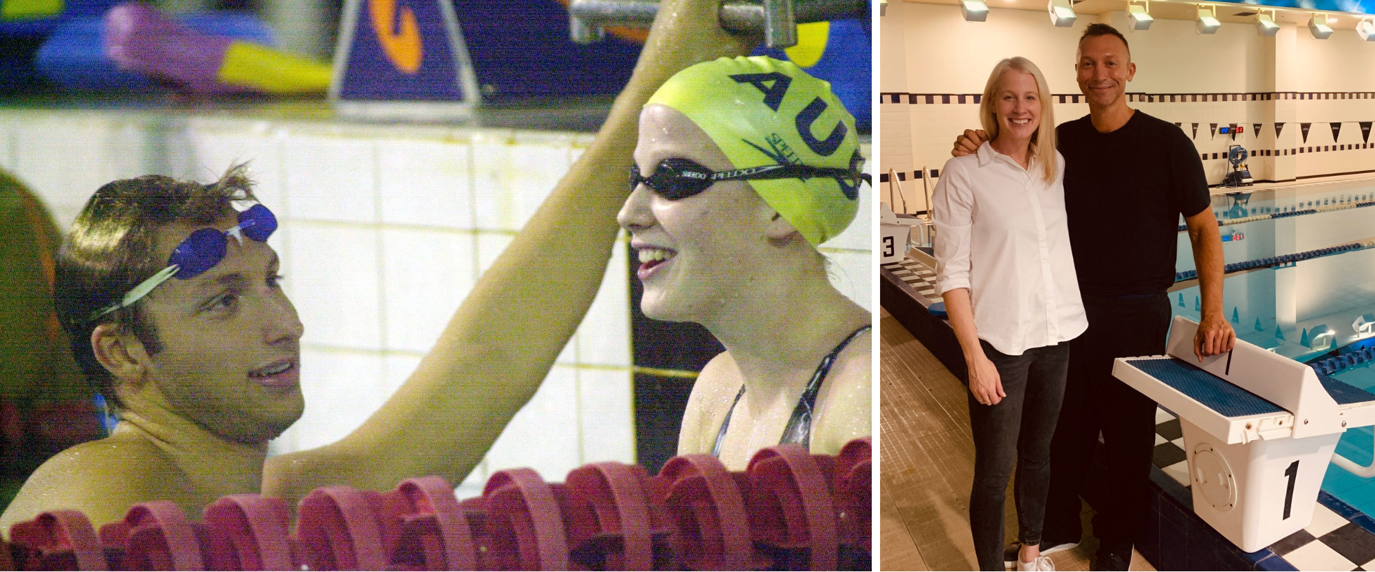 Two swimmers smiling at each other in a swimming pool. A man and a woman stand by a swimming pool.