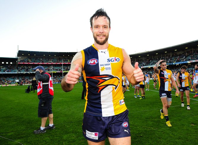 Mitch Brown of the West Coast Eagles celebrates after the  win after the 2013 AFL Round 19 match between the West Coast Eagles and the Gold Coast Suns at Patersons Stadium, Perth on August 03, 2013. (Photo: Daniel Carson/AFL Media)
