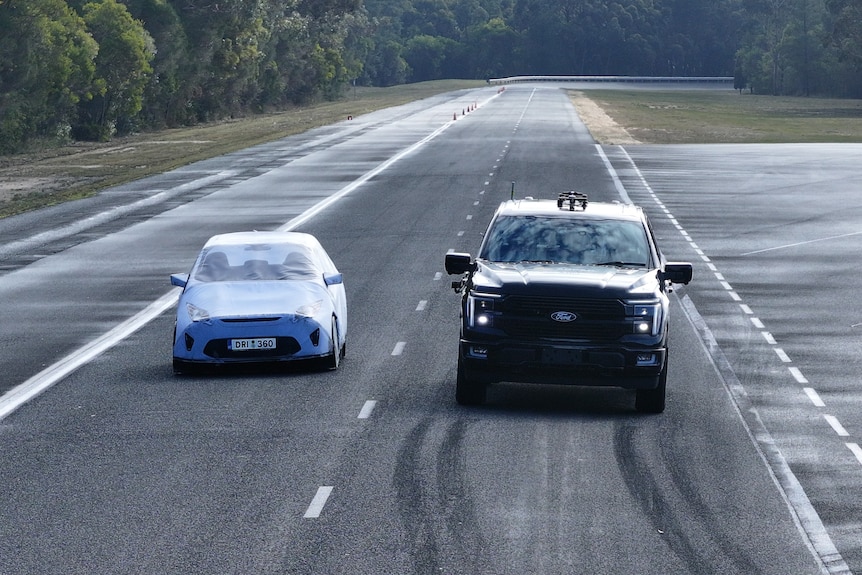 Two vehicles parked alongside each other, one a passenger car, the other a large ute