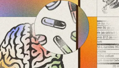 A brain juxtaposed with pills and rainbow textures