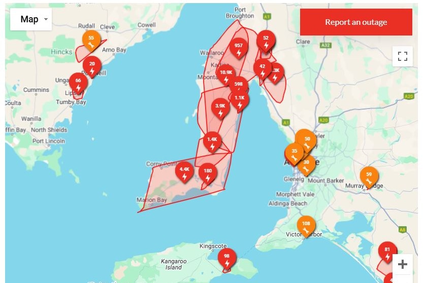 A map of South Australia showing areas where the power is currently out