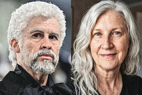 Bad Bunny, 32, as he appeared at the Met Gala in an older guise, and the author, Cherie Gilmour, who is not quite 40, as she will look at 80, according to this AI-generated image based on her current-day selfies.