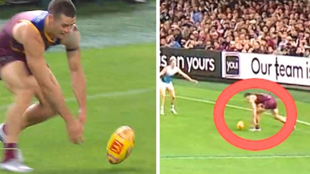 Brisbane Lions star Josh Dunkley embarrassed as kick goes wrong in AFL game against Geelong Cats