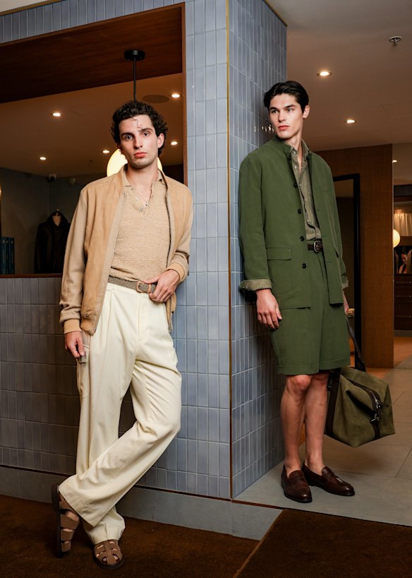 Models Oscar Bruzzaniti and Mitchell Wickham in Christian Kimber pieces at the designer’s Melbourne boutique.