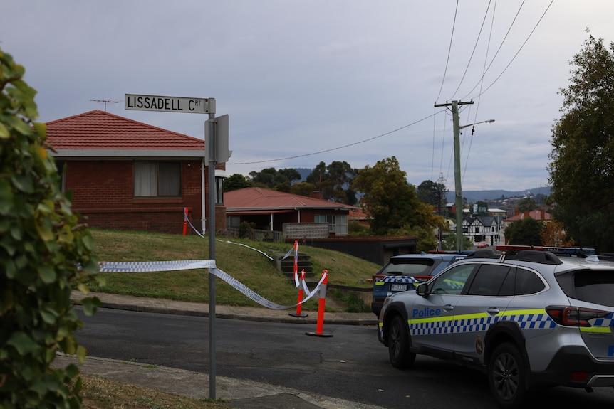 Two police cars are parked on a suburban street