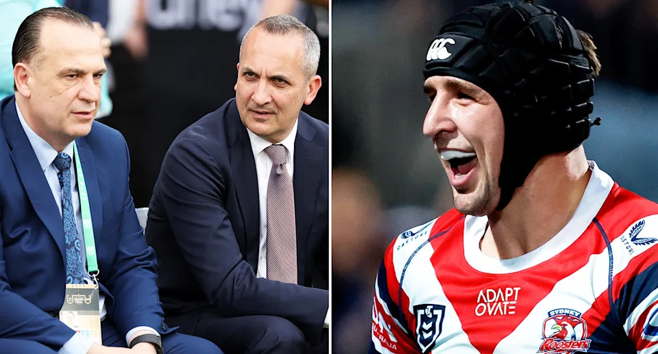 On the left are NRL bosses and Roosters star Victor Radley on right.