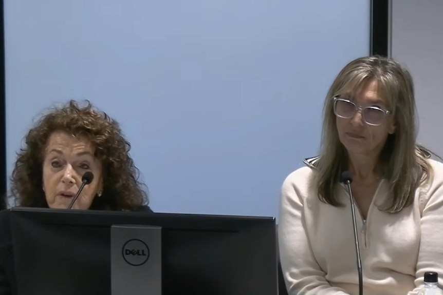 Two women sit with microphones in front of them plain blue background