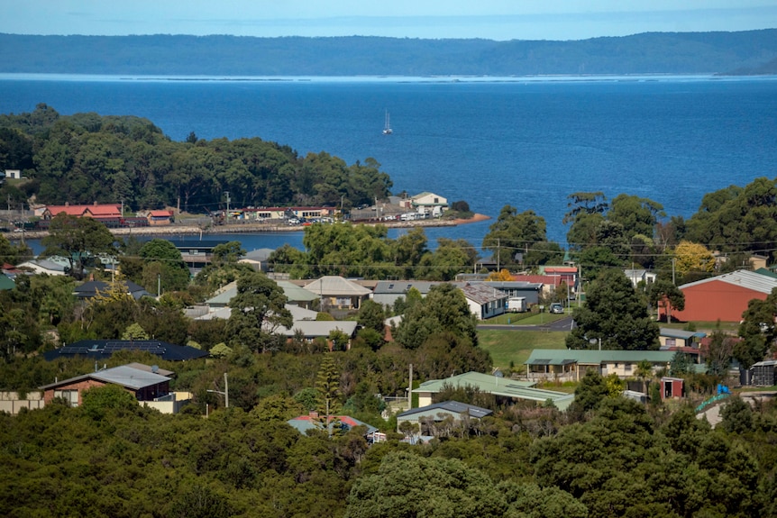 Colourful houses surrounded by green trees on the coast of a deep blue ocean with boats and coastline in background.