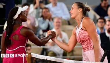 Sloane Stephens and Aryna Sabalenka shake hands after their night match in 2023