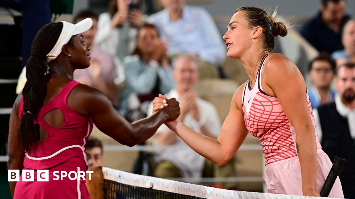 Sloane Stephens and Aryna Sabalenka shake hands after their night match in 2023