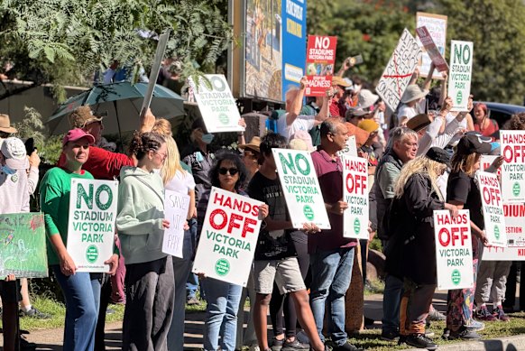 Protesters lined Herston Road outside Victoria Park.