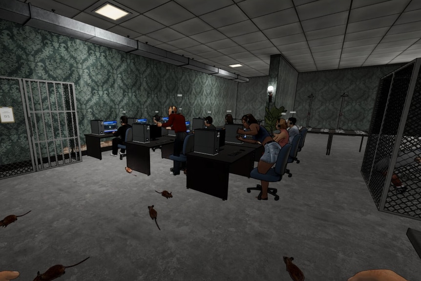 A dark room shows nearly a dozen people working behind computers with rats running on the floor in a computer-generated image
