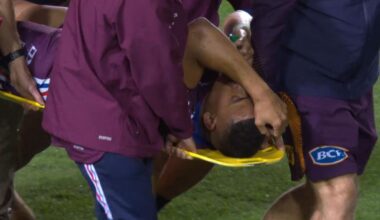 ‘Concerning’ scenes as Manly star Siua Taukeiaho suffers suspected broken leg in win over Broncos
