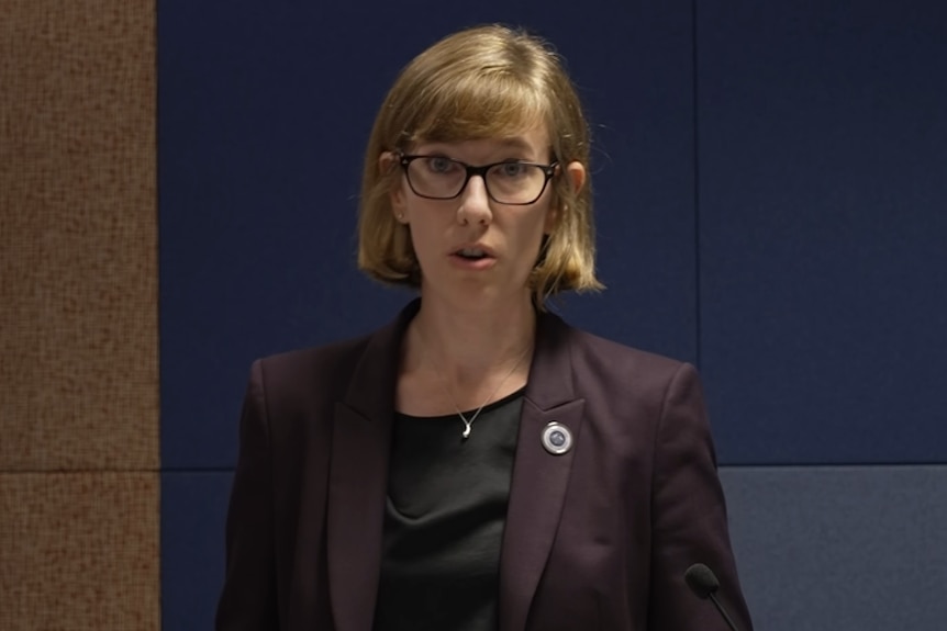 Woman with brown hair in suit in front of microphone