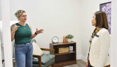 Nichole Olsen (left), program manager with Cythera Transition House Society, gives a tour to Coun. Jenny Tan, at the grand opening of Elyra Counselling, launched by Cythera Anti-Violence Society to provide personalized, trauma-informed therapy in a safe, inclusive, and compassionate environment for women. (Colleen Flanagan/The News)