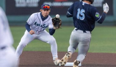 Everett AquaSox shortstop Colt Emerson catches the ball at second base for the first out in a double play during the Opening Day game against the Hillsboro Hops on Tuesday, April 8, 2025 in Everett, Washington. (Olivia Vanni / The Herald)