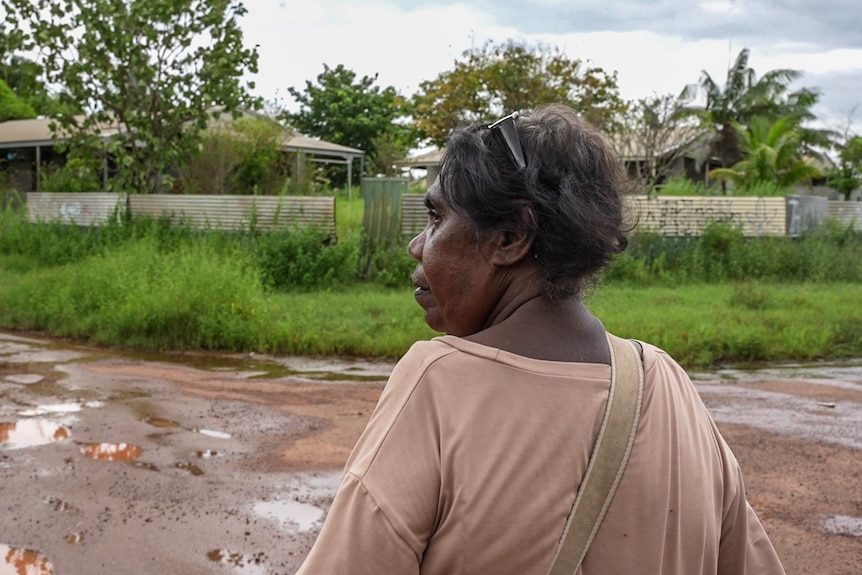 A profile of an Aboriginal woman looking to her left with grass in background and road with potholes