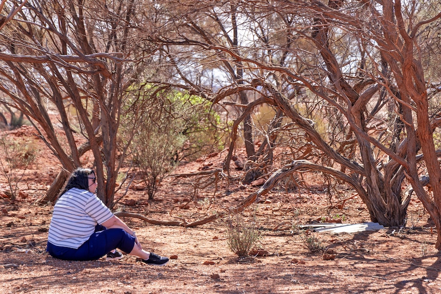 A woman sitting in a campsite near trees.