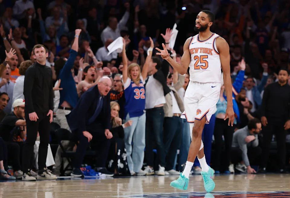Mikal Bridges is playing his best basketball of the season during the Knicks' nine-game playoff winning streak. (Sarah Stier/Getty Images)