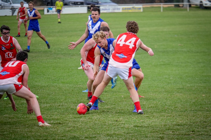 Footballers in red and blue jostle for the ball