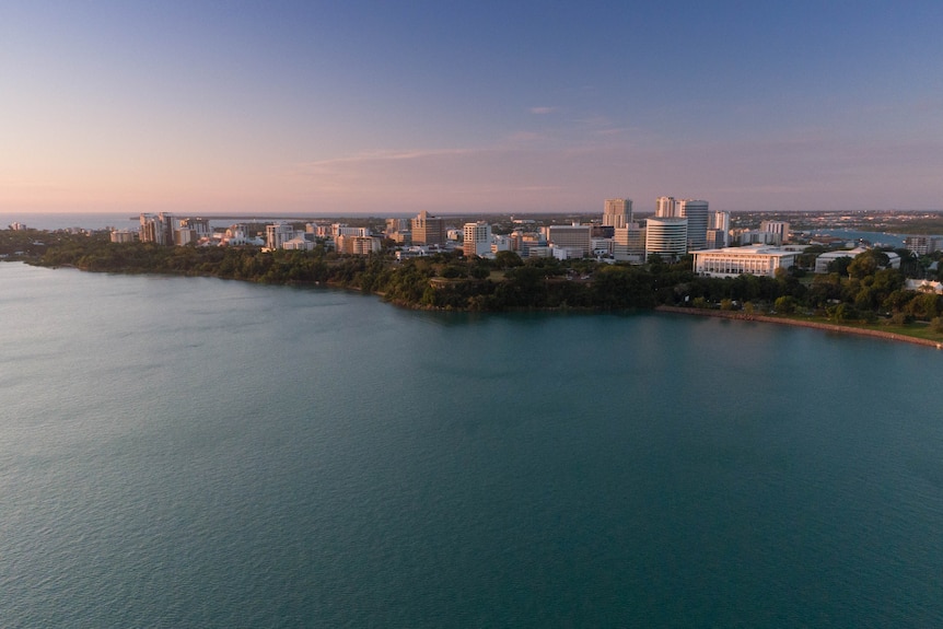 A drone shot of the esplanade along Darwin's harbour.