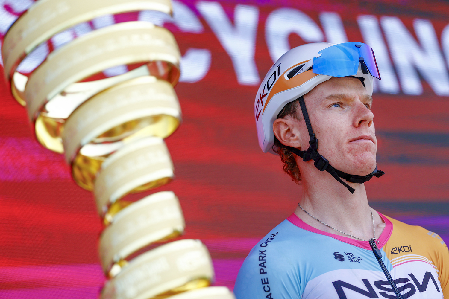 NSN Cycling Team British rider Jake Stewart looks on during the presentation of the teams prior the 1st stage of the Giro d'Italia 2026 - Tour of Italy cycling race between Nessebar and Burgas, Bulgaria, on May 8, 2026. (Photo by Luca Bettini / AFP via Getty Images)