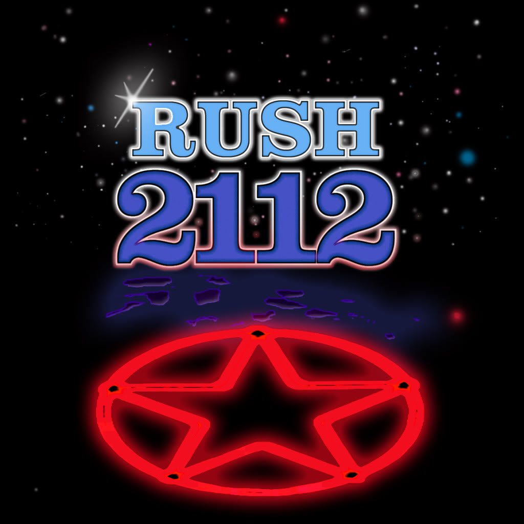 An album cover featuring the words Rush and 2112 and neon star surrounded by a circle