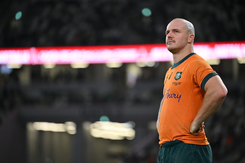 Dylan Pietsch standing on the fuield after the Wallabies beat Japan in 2025.