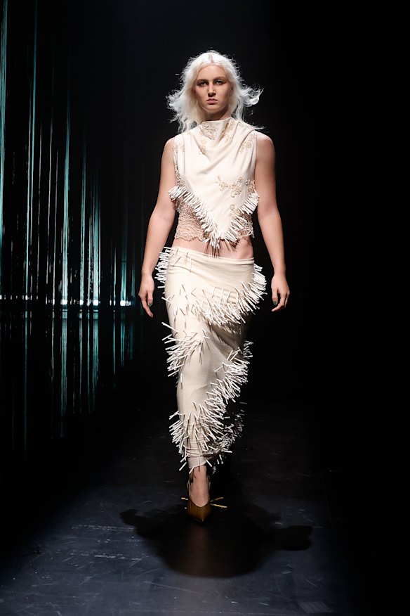 Model Allegra Overton in Rose Giuffre as part of The Frontier showcase at Australian Fashion Week on day two.