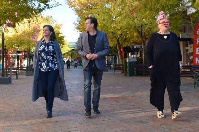 The Ballarat mayor, a group of local retailers, and the designer charged with revamping Bridge Mall pictured walking in the mall