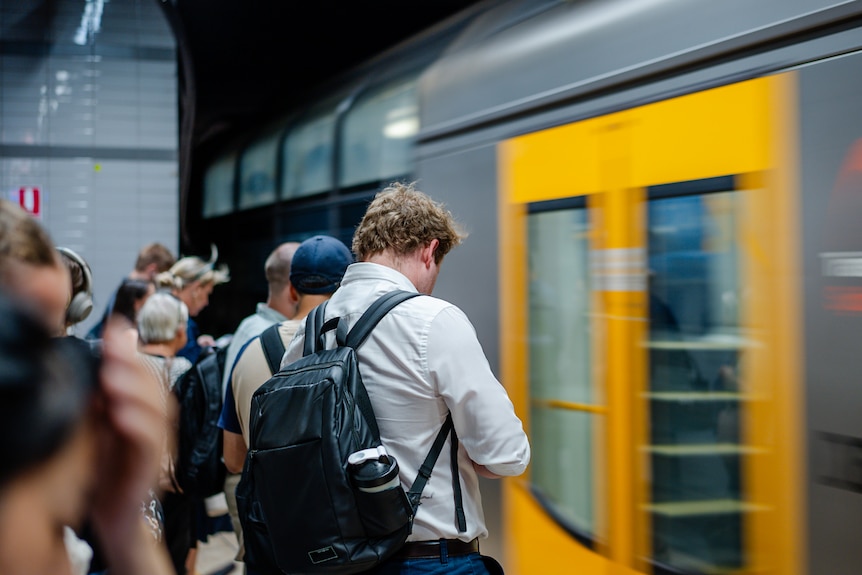 People stand on platform as trains pass