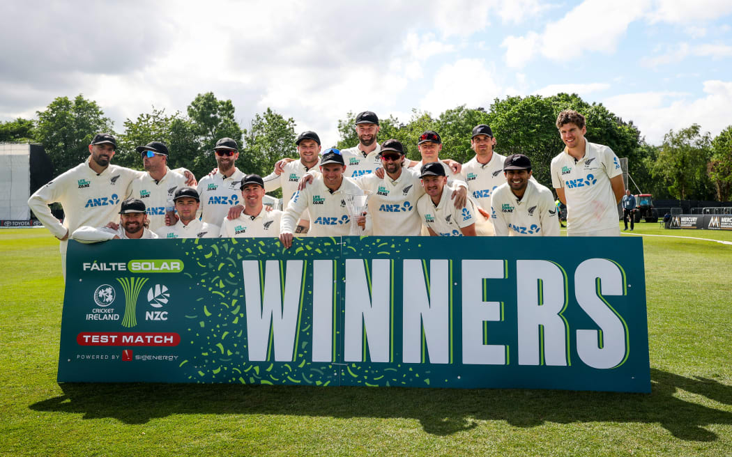 New Zealand's Black Caps players celebrate their win over Ireland in a one-off test in Stormont, Belfast, Ireland on Friday 29 May 2026.
Photo: Nick Elliott / Photosport