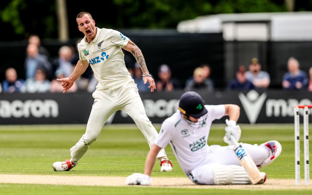 Black Caps pace bowler Blair Tickner celebrates after getting Harry Tector out in New Zealand's cricket test against Ireland, at Civil Service Cricket Club, Stormont, Belfast, Ireland on Friday 29 May 2026.
(Photo: Nick Elliott / Photosport)